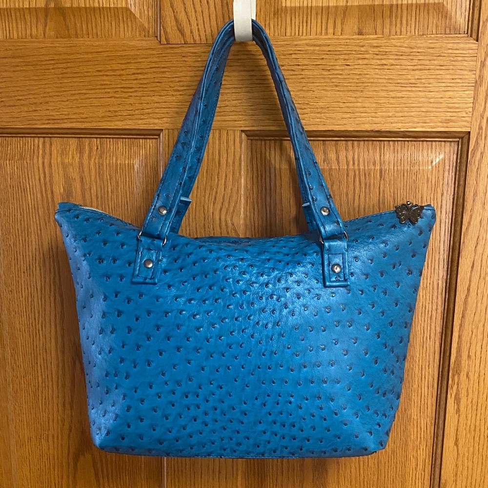 Unbranded Blue Faux Leather Polka Dot Tote Bag Textured Handbag